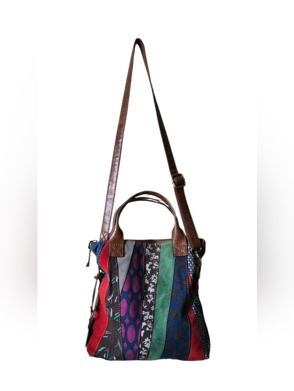 Fossil Patchwork Tote Crossbody Bag Multicolor Suede Canvas Leather Key Charm - Picture 4 of 16